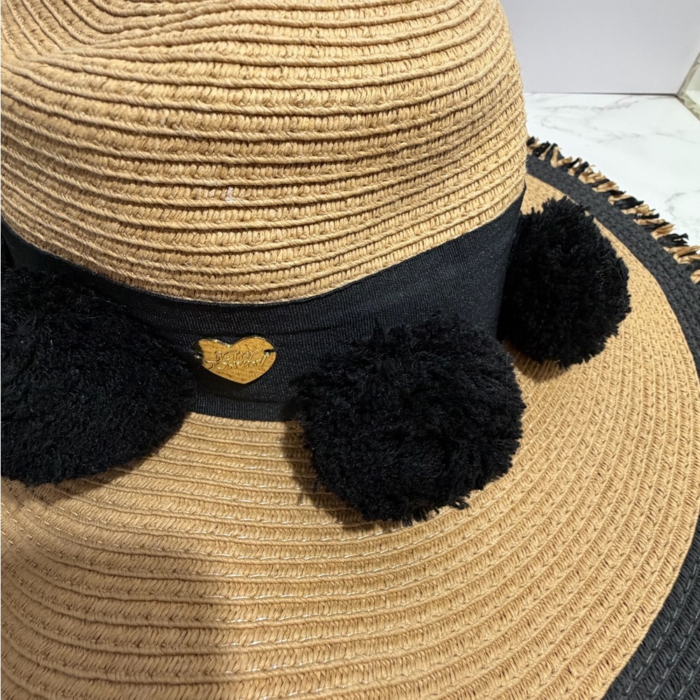 Betsy Johnson Raffia Straw Sun Hat with Black Pom-Pom Trim -- OS - Picture 3 of 8